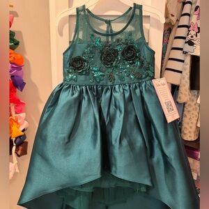 Rare Editions Teal Formal Dress with Floral Accents